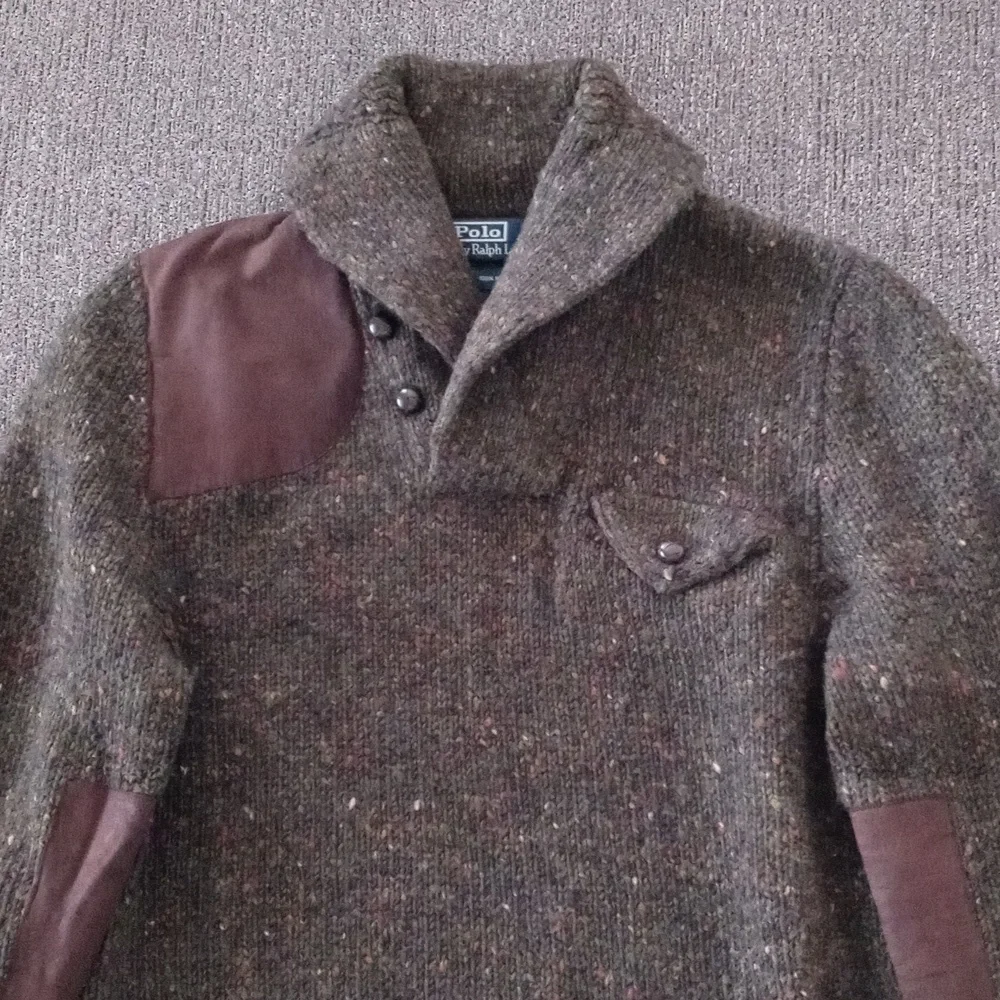 🍁VERY RARE/VTG Polo Ralph Lauren🍁 - Shawl Collar Wool Sweater Leather Details